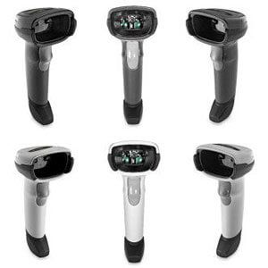 Six handheld barcode scanners displayed in two rows, black and gray with green-lit screens.