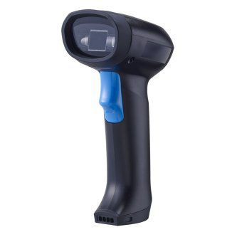 Handheld black and blue barcode scanner on a white background