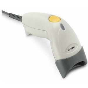 White handheld barcode scanner with yellow button and black cord on a white background
