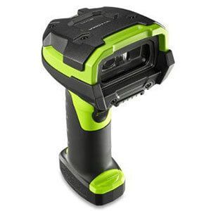 Black and neon green handheld barcode scanner