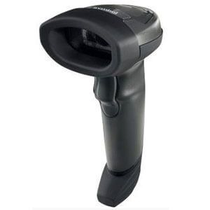 Black handheld barcode scanner on a white background