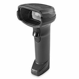 Handheld barcode scanner in black with a pistol-grip handle, isolated on a white background