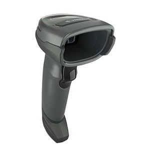 Handheld barcode scanner in dark gray with a black scanning window on a white background