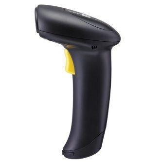 Black handheld barcode scanner with yellow trigger on white background