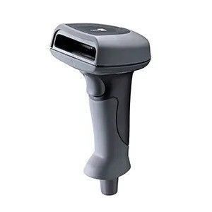 Handheld black barcode scanner on a white background
