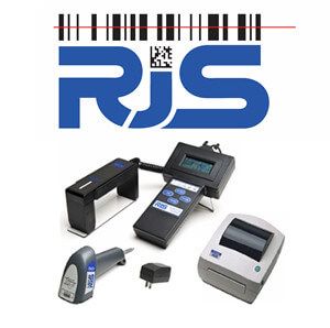 RJS logo above photos of handheld barcode scanners and a label printer