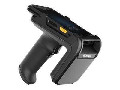 Black handheld barcode scanner with trigger and yellow button, shown on a white background
