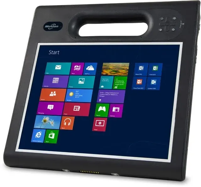 Black rugged tablet with a handle, displaying a Windows-style tile home screen