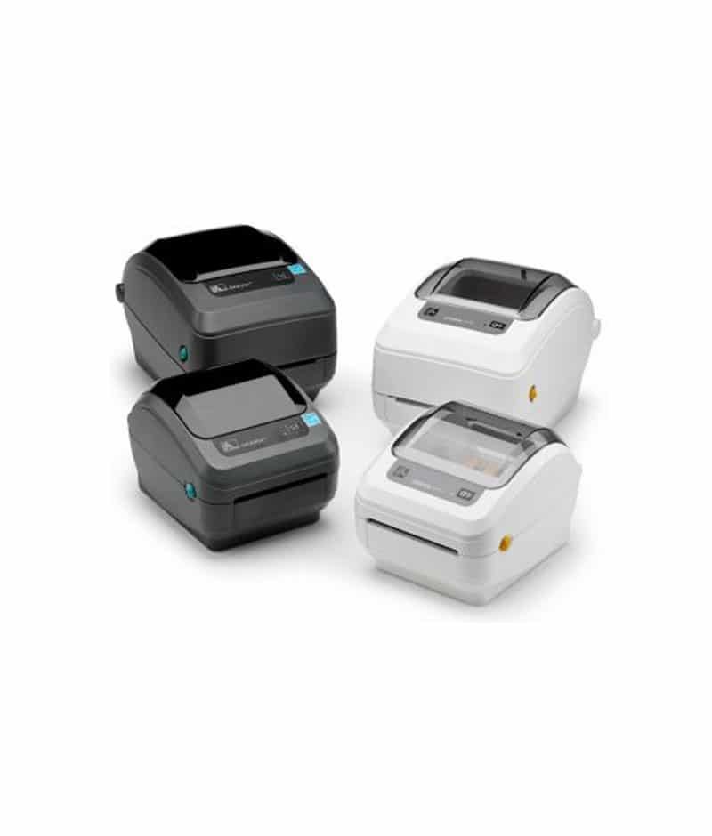 Four compact label printers, two black and two white, arranged in a group on a white background