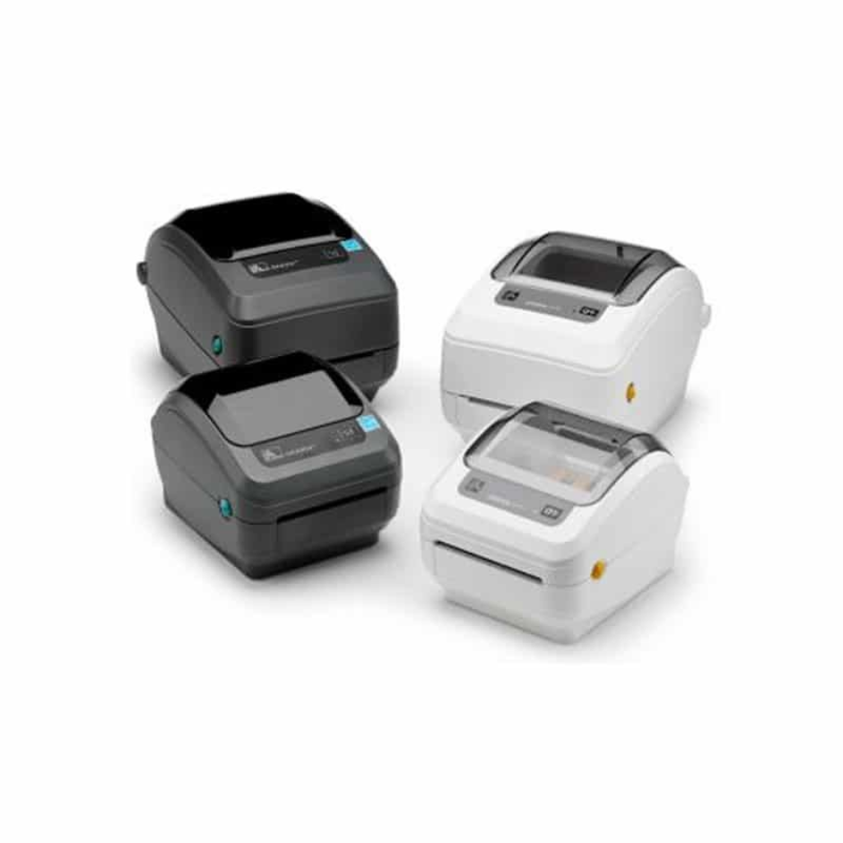 Four compact label printers, two black and two white, arranged in a group on a white background