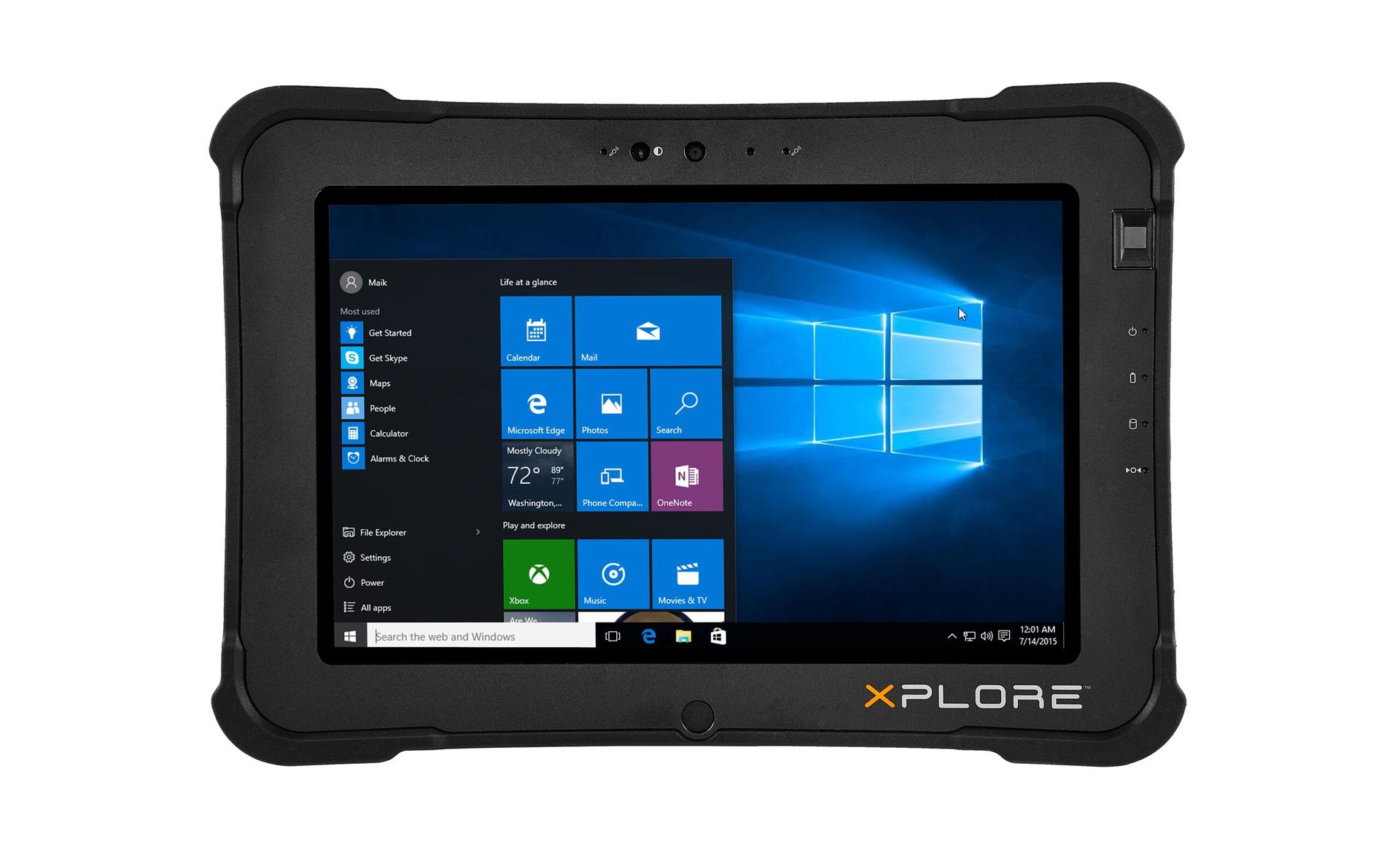 Rugged tablet computer displaying Windows 10 on a black protective case