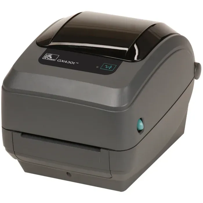 Compact gray label printer with a black top and small display panel