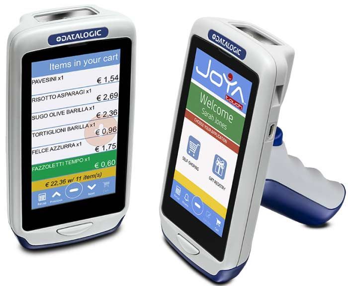 Two handheld barcode scanners with blue-and-white displays on a white background