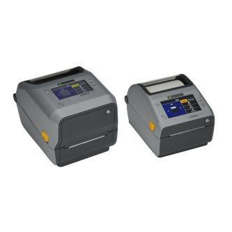 Two gray industrial label printers side by side on a white background