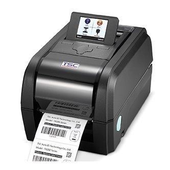 Black desktop label printer printing barcode labels from a touchscreen display