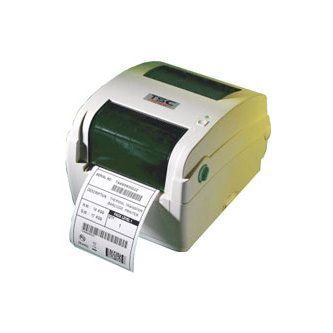 White label printer printing a barcode shipping label on a white background