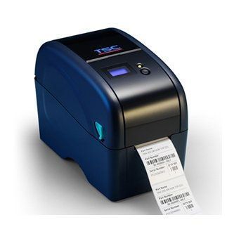Compact blue label printer printing a barcode shipping label