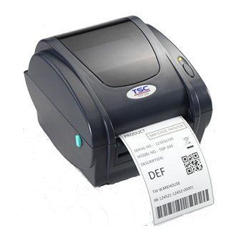 Compact black label printer printing a white shipping label with a QR code