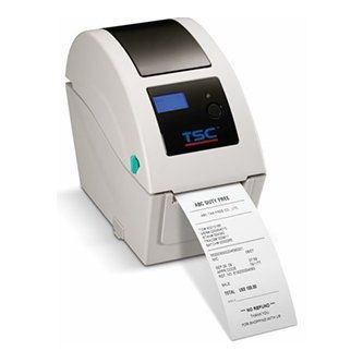 White TSC desktop receipt printer printing a receipt on a white background
