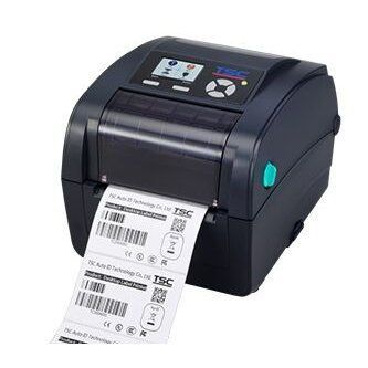 Black label printer printing barcode labels from a roll of paper