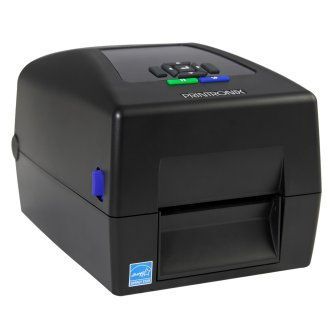 Black desktop label printer with a blue side button and front paper slot