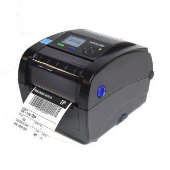 Black label printer printing a barcode label on white background