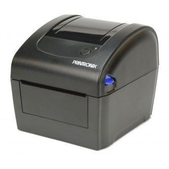 Black desktop receipt printer with blue indicator light and front paper slot