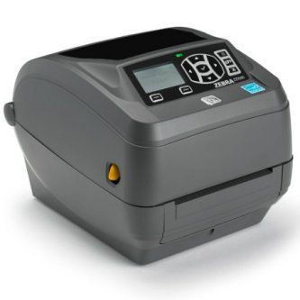 Compact gray industrial label printer with a black control panel and display