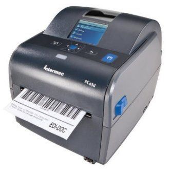 Gray Intermec label printer printing a barcode label from a touchscreen panel