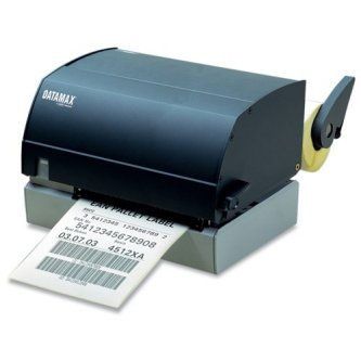 Black label printer printing a shipping label with barcode on white background