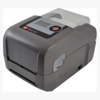 Gray desktop label printer with top control panel and paper output slot