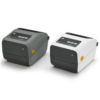 Two compact label printers, one gray and one white, side by side on a white background
