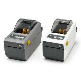 Two compact label printers, one gray and one white, shown side by side on a white background