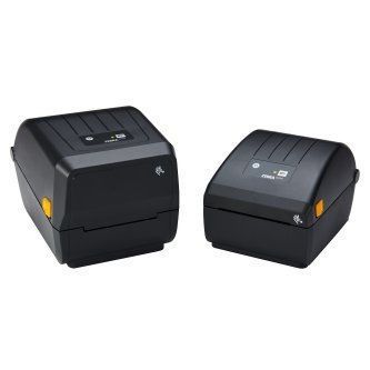 Two black desktop label printers shown side by side on a white background