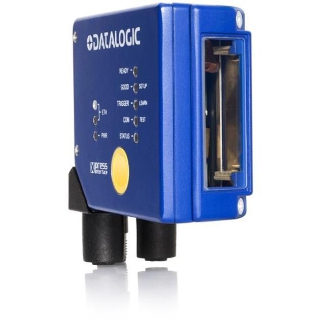 Blue Datalogic industrial sensor with black connectors and a yellow indicator on a white background