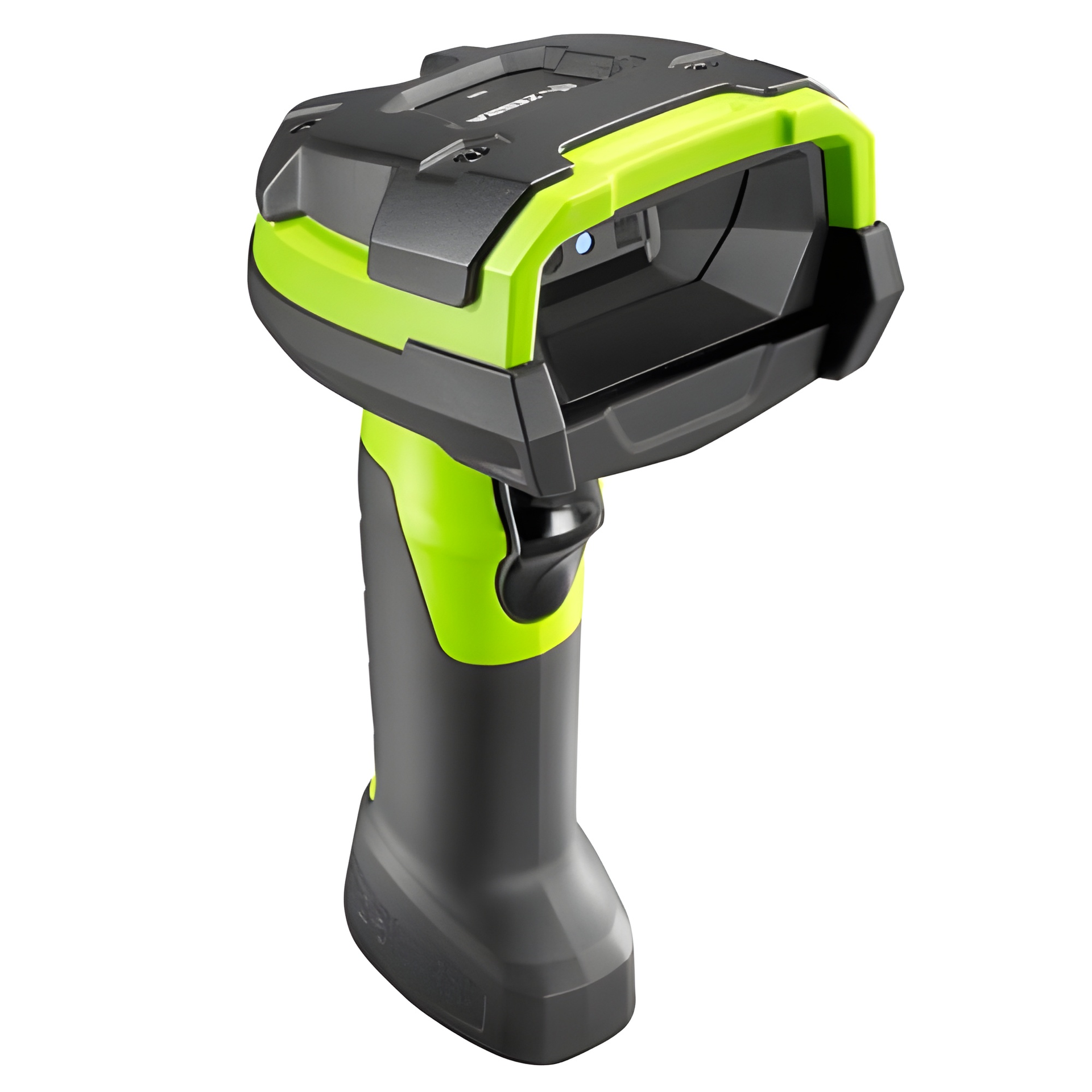 Handheld barcode scanner in black and neon green, angled to show the front view