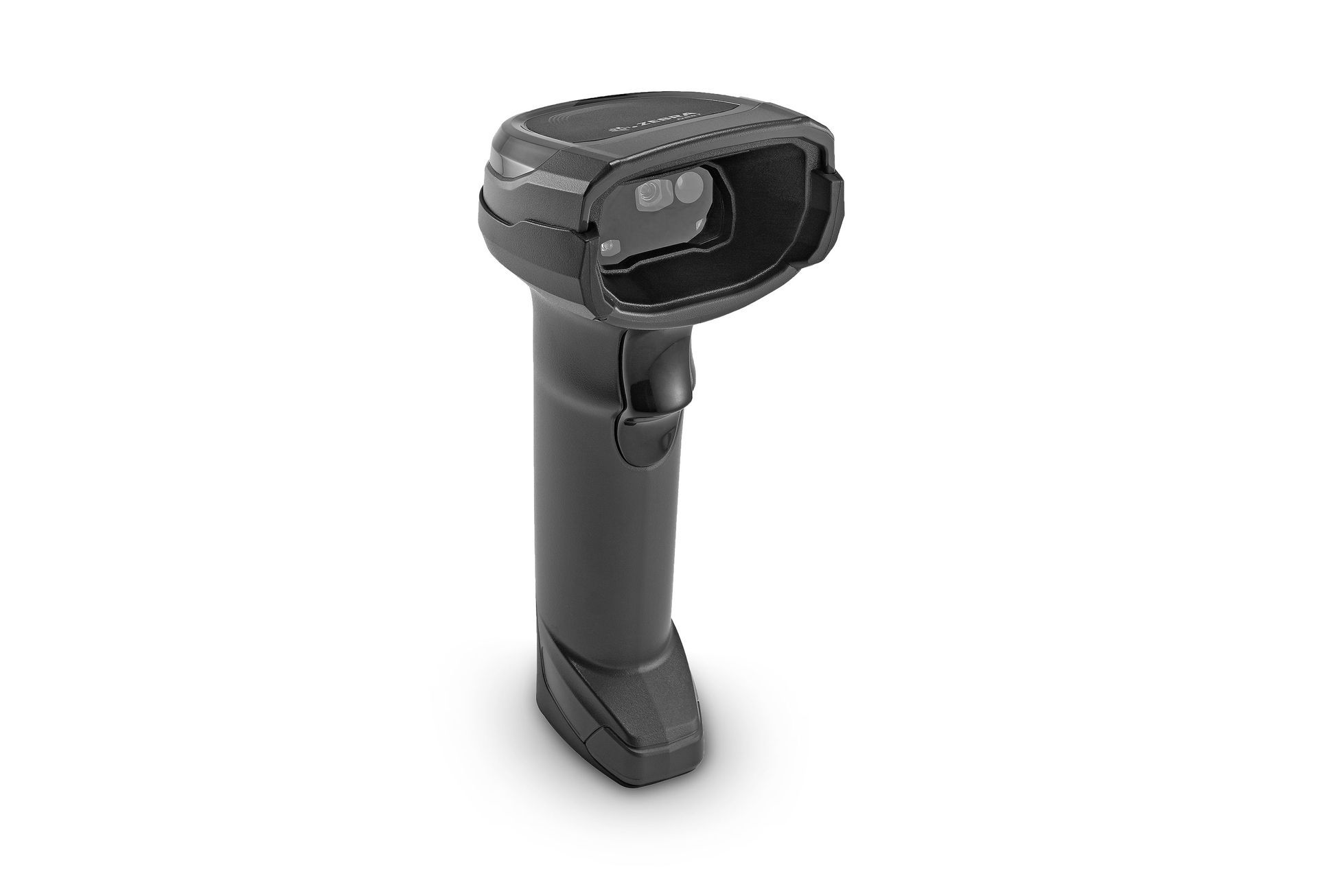Black handheld barcode scanner on a white background