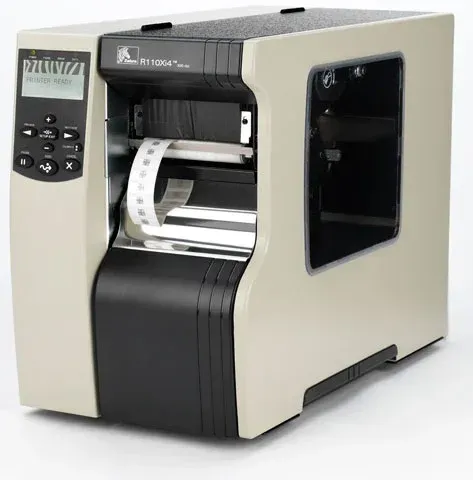 Label printer with a label roll loaded, beige and black desktop machine on a white background