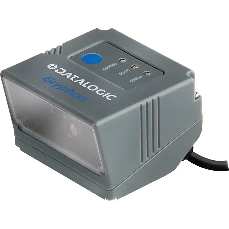 Gray Datalogic barcode scanner with blue button and cable on a white background
