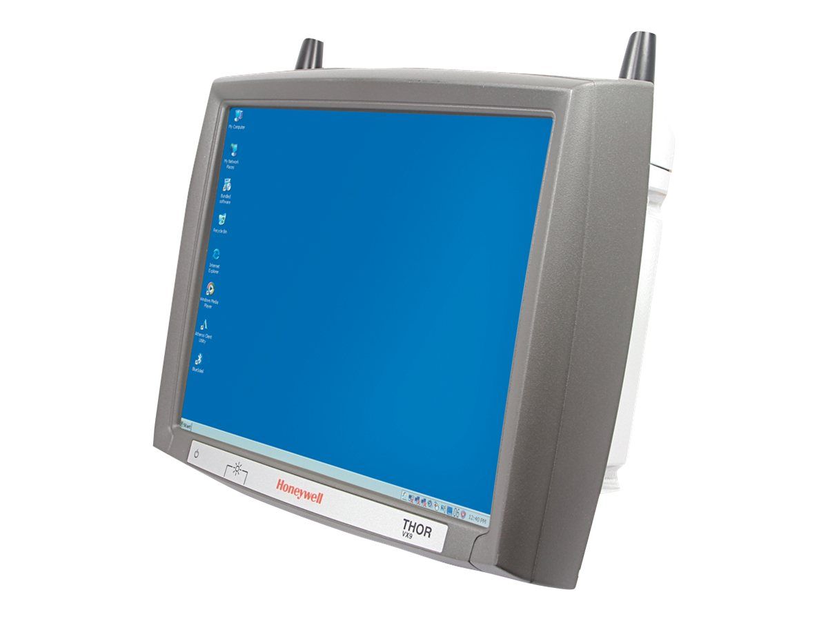 Tilting silver desktop monitor with a blue Windows-style screen and desktop icons