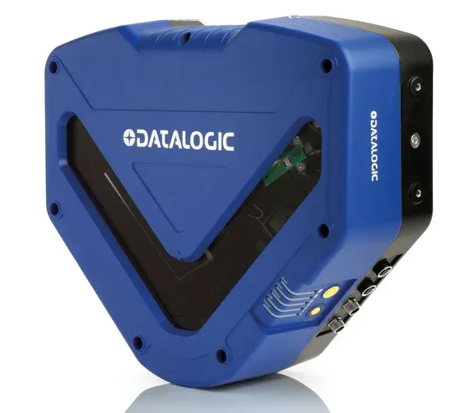 Blue Datalogic industrial scanner device with black accents and triangular design