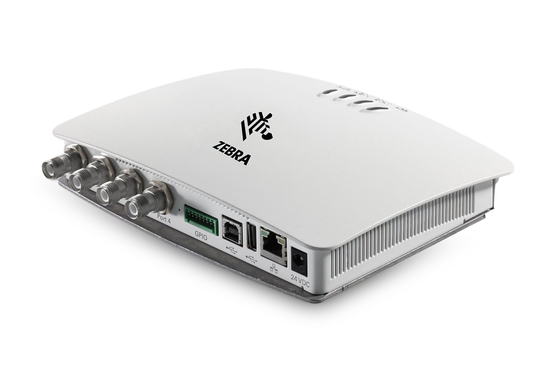 White wireless router with multiple antennas and Ethernet ports on a white background