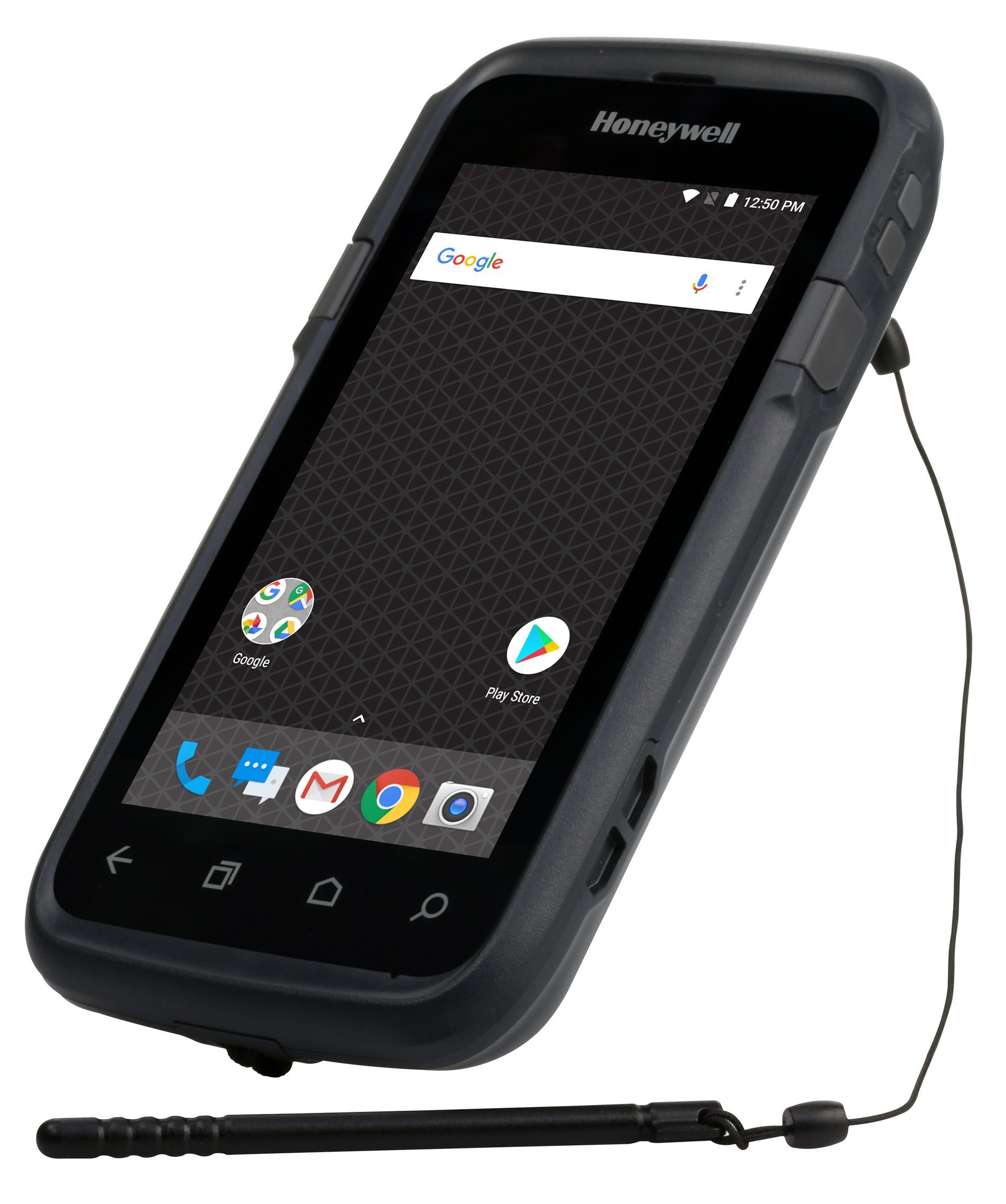 Rugged black touchscreen smartphone with a stylus attached by a cord