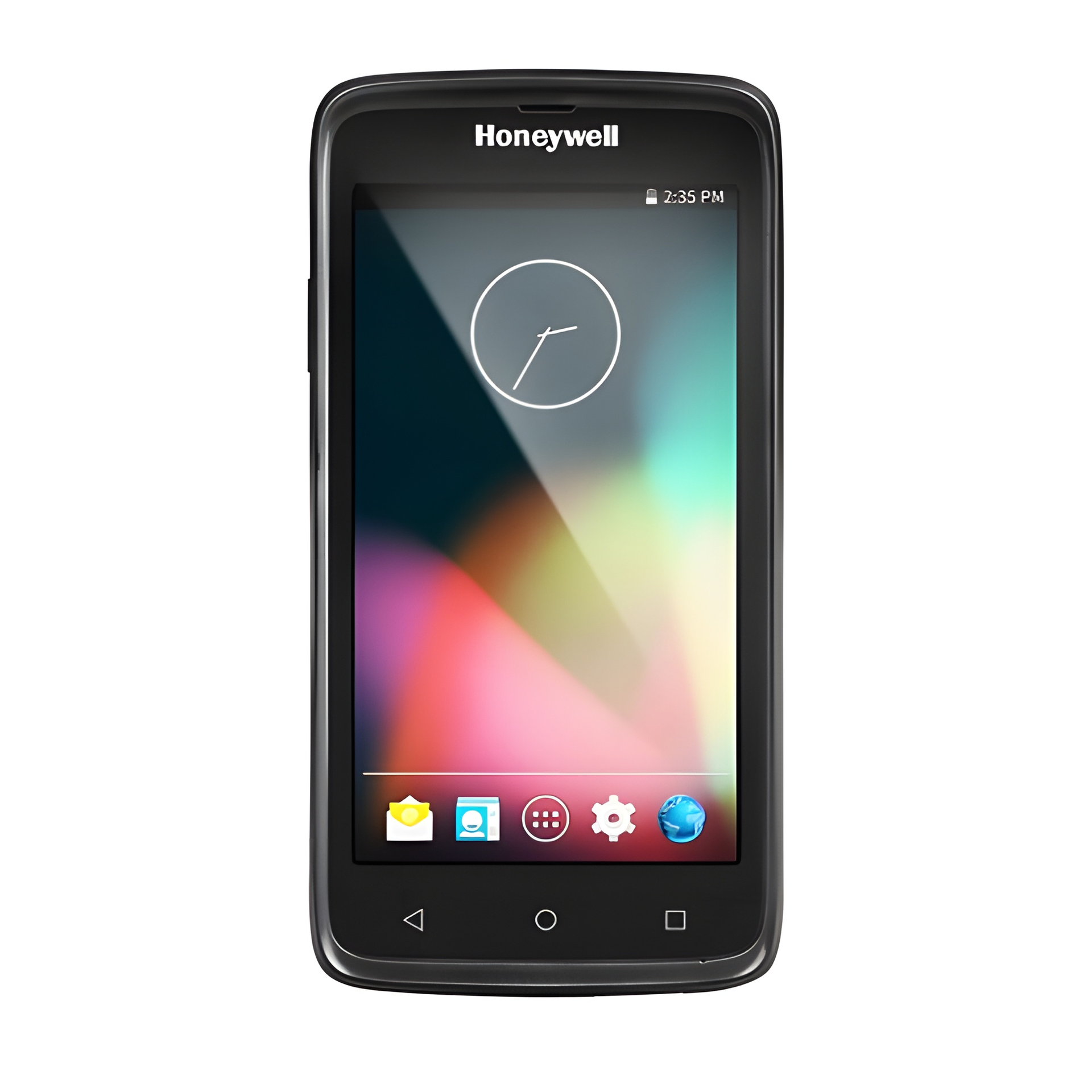 A black Honeywell touchscreen smartphone with colorful wallpaper and app icons on the home screen.