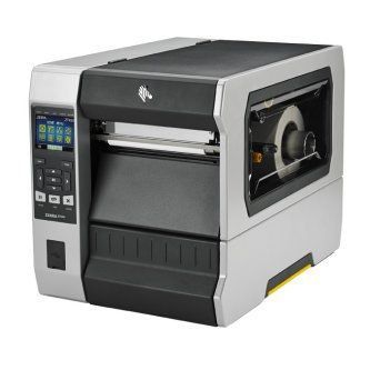 Industrial label printer with a touchscreen control panel and side viewing window, shown in gray and black.