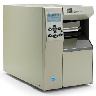 Beige industrial barcode printer with control panel and output slot