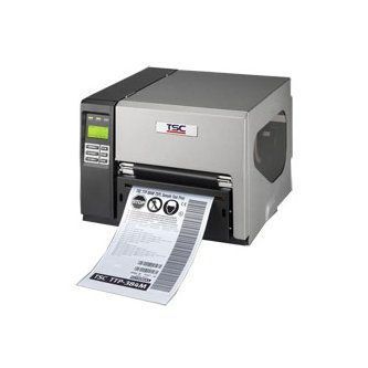 Black-and-silver label printer printing a long barcode label from the front slot