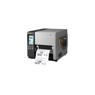 Black label printer printing a shipping label on a white background