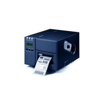Blue desktop label printer printing a shipping label with a small display panel on the front