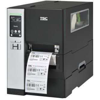 Black TSC industrial label printer printing barcode labels